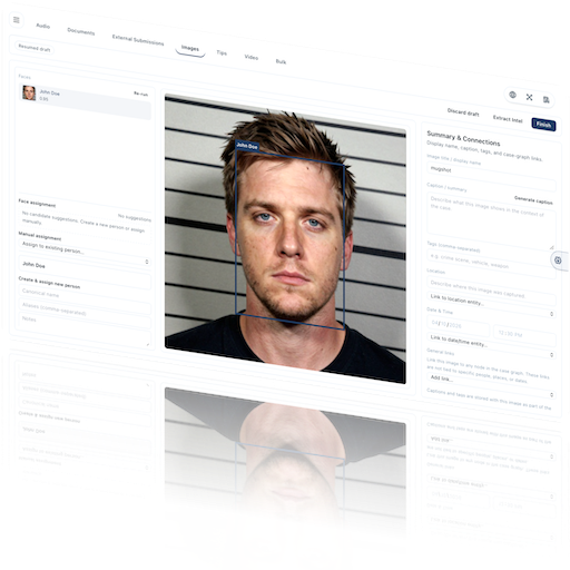 Case intake view showing imported face and evidence review context.