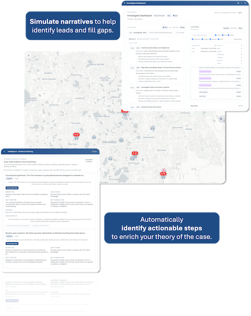 Investigative intelligence interface showing hints, gaps, and review activity.