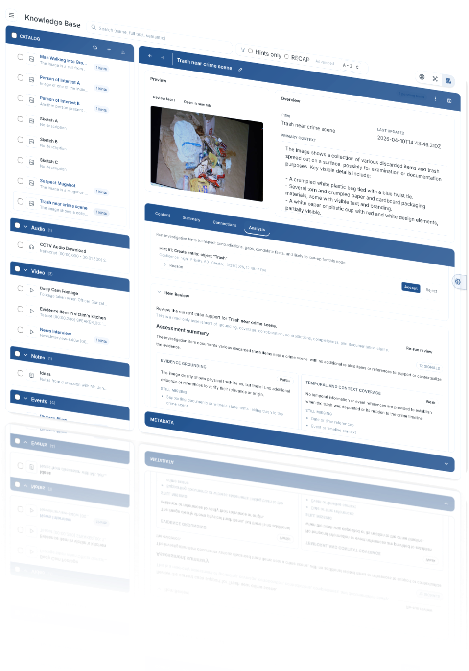 Knowledge base interface connecting source material to investigative review.