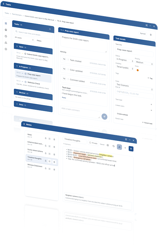 Proxim Intelligence task and notes workspace showing coordinated case activity.
