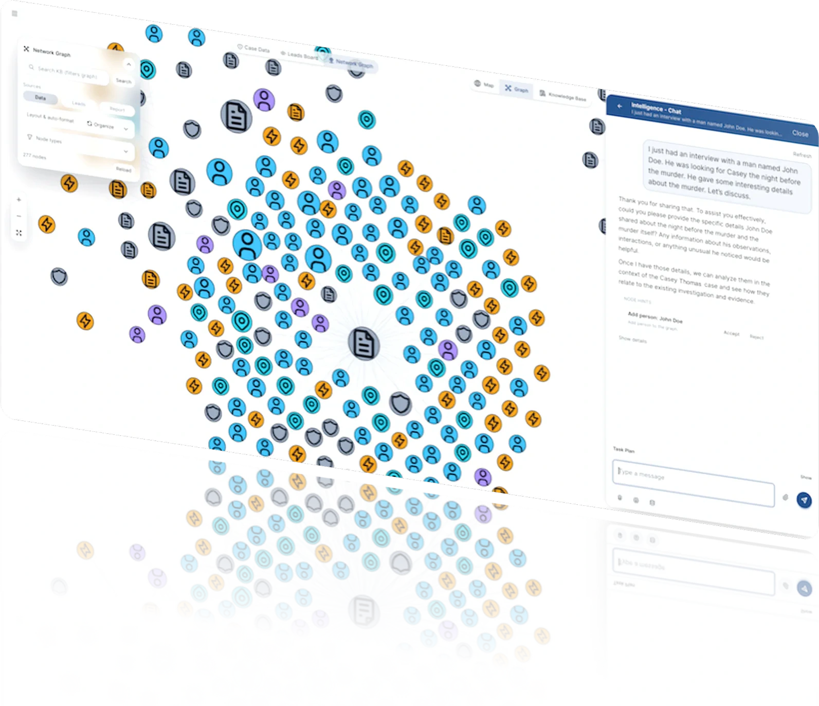 Proxim Intelligence graph workspace and source-grounded case chat.