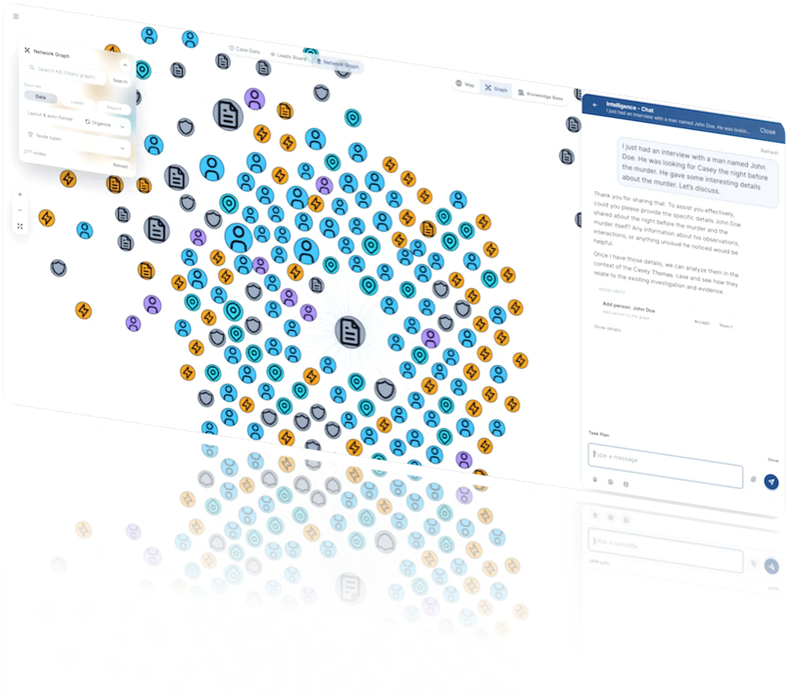 Proxim Intelligence graph workspace and source-grounded case chat.
