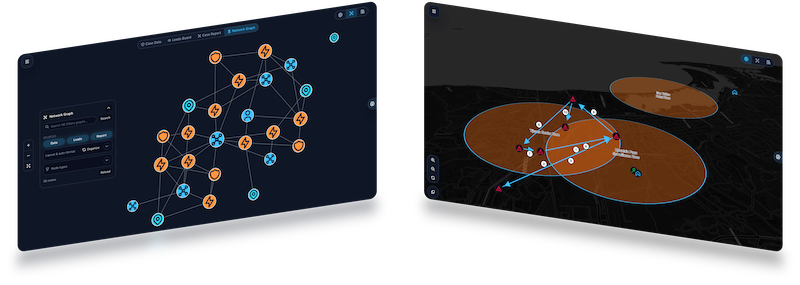 Proxim Intelligence graph and map workspaces showing connected case relationships and geospatial context.